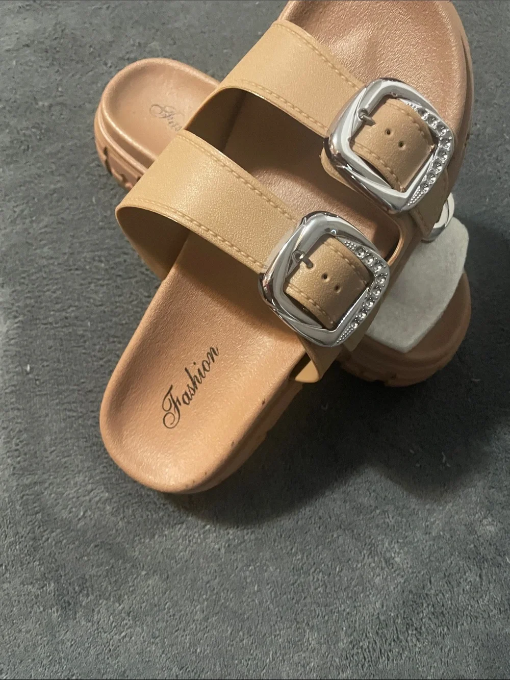 Women's Tan Dual-Buckle Slide Sandals with Chunky Sole NWOT
